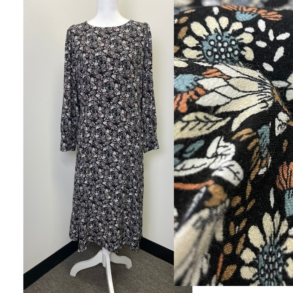 LOFT Floral Midi Dress Large Black Blue Rust Viscose Lined Size 12 Cottagecore